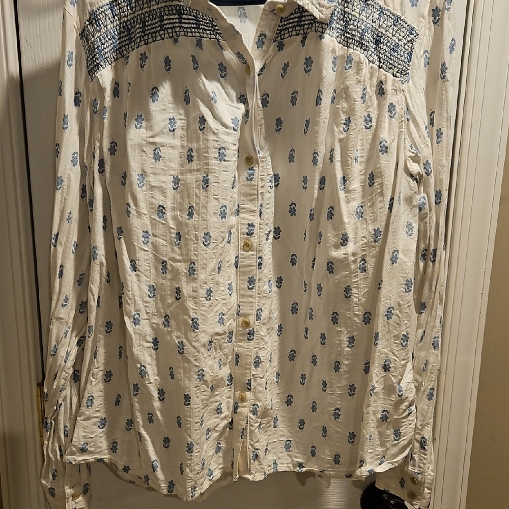 Light Cream Button-Down Blouse with Blue Print